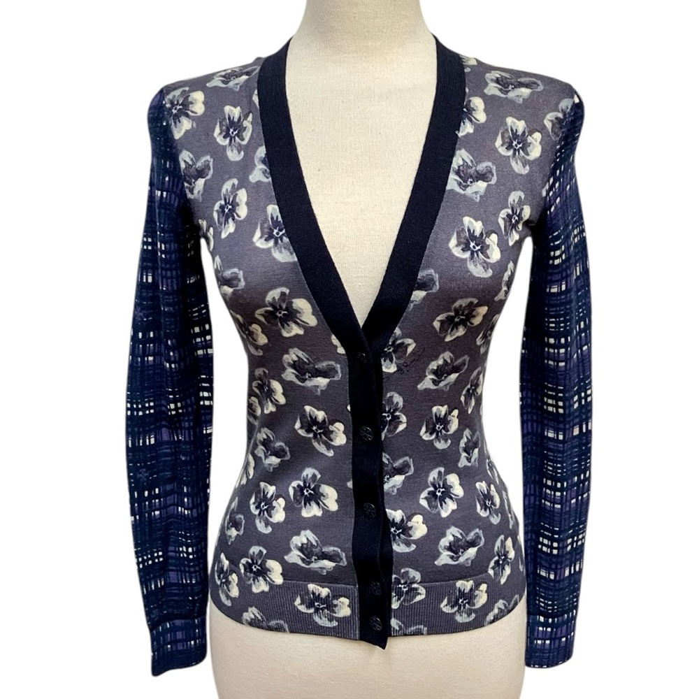 Tory Burch 100% Wool Blue Gray Pansie Flower V Neck Cardigan Women's Size XS